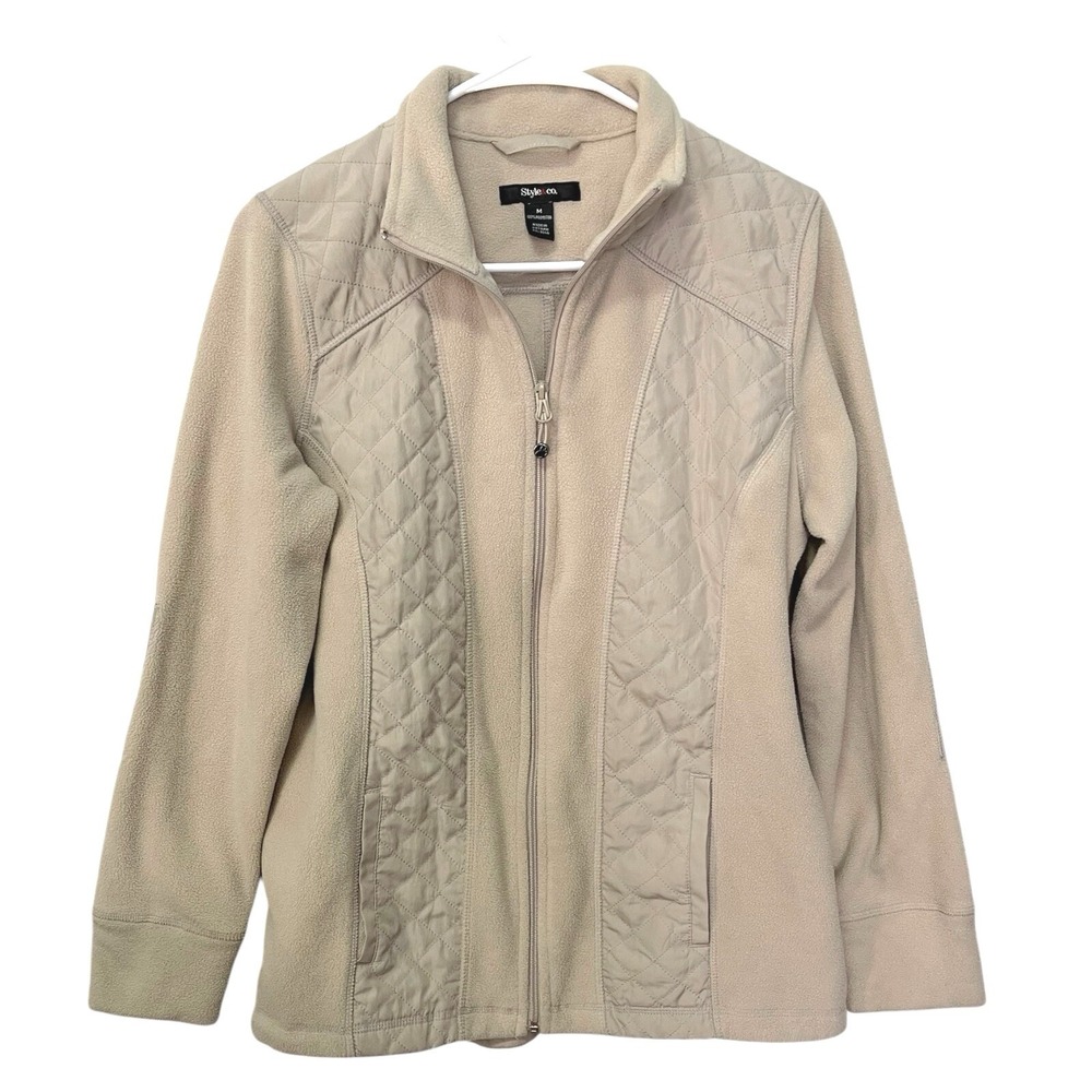 Style & Co‎ M Tan Fleece Jacket Quilted Trim Full Zip Mock Neck Gorpcore Cabin